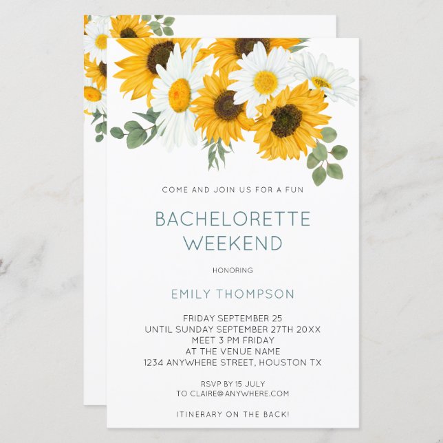 Budget Sunflower Weekend Bachelorette Invitation (Devant / Derrière)