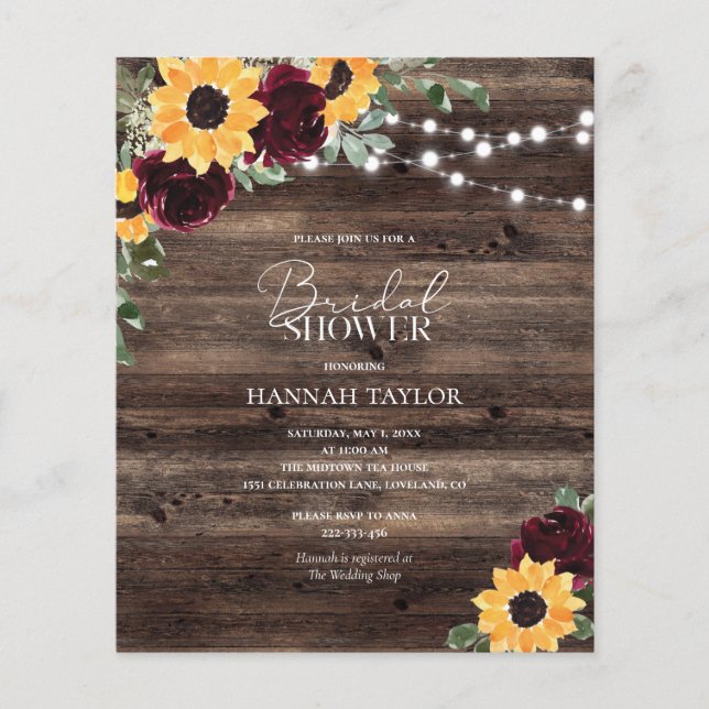 Budget Sunflower Wood Bridal Douche Invitation (Devant)