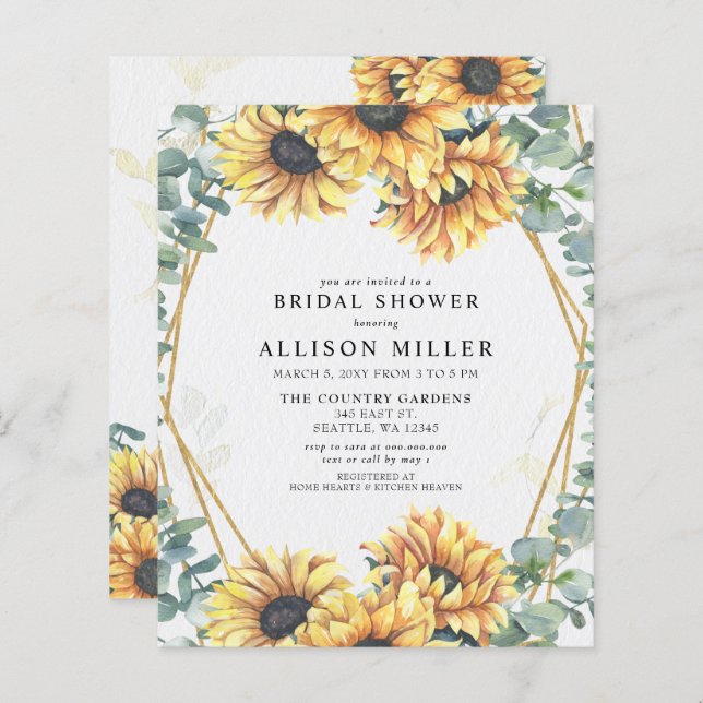 Budget Sunflowers Gold Bridal Shower Invitation (Devant / Derrière)