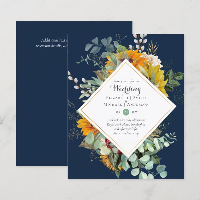 Budget Sunflowers Greenery Mariage Invite (Devant / Derrière)