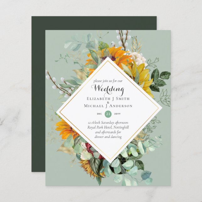 Budget Sunflowers Greenery Mariage Invite (Devant / Derrière)