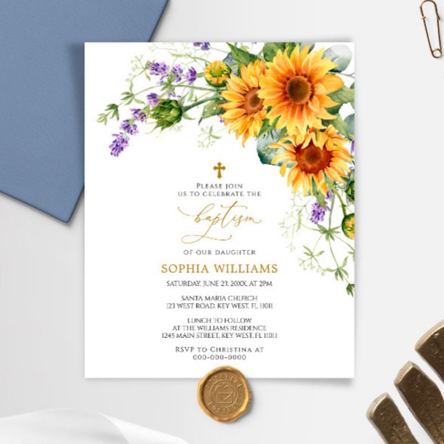 Budget Sunflowers & Lavander Baptism Invitation (Créateur téléchargé)