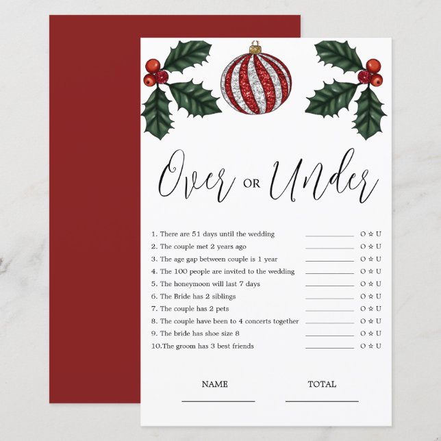 Budget sur ou sous le jeu nuptial de Noël (Devant / Derrière)