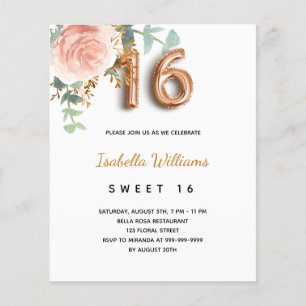 Budget Sweet 16 16e rose fleuri en or eucalyptus