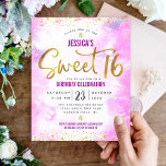 Budget Sweet 16 Aquarelle rose Invitation de scrip<br><div class="desc">"Bonne Douce 16". Envoyez cette invitation étonnante, pétillante, girly, festive, moderne, personnalisée, budget personnalisé pour un événement à retenir. Un arrière - plan d'aquarelle rose pâle est superposé d'un faux papier doré et de minuscules points de parties scintillant de confettis et d'un script de typographie. Personnalisez le texte personnalisé avec...</div>