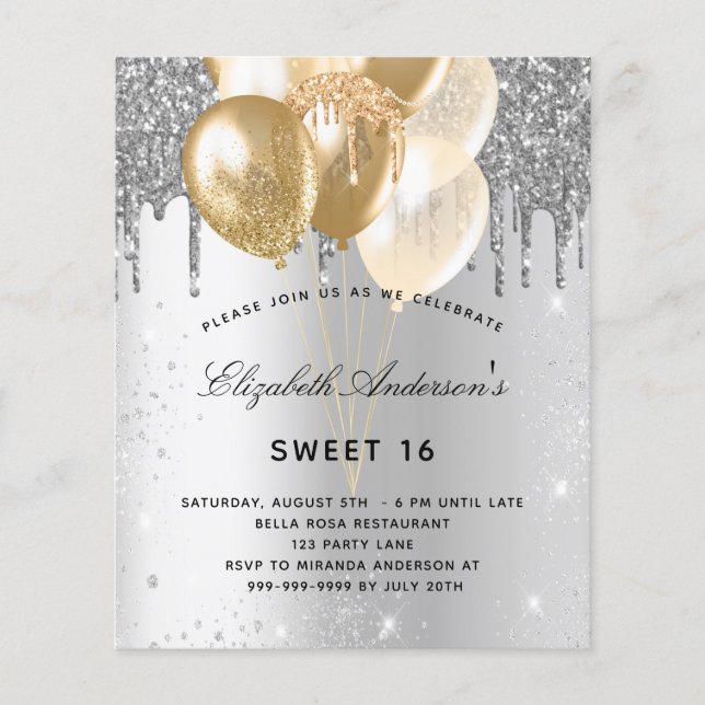 Budget Sweet 16 argent or ballons invitation (Devant)