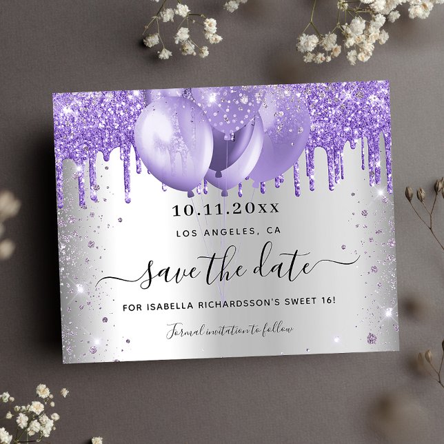 Budget Sweet 16 argent violet enregistrer la date (Créateur téléchargé)