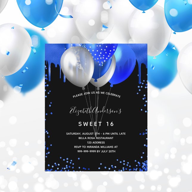 Budget Sweet 16 black royal bleu invitation (Créateur téléchargé)