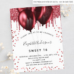Budget Sweet 16 blanc rouge parties scintillant in<br><div class="desc">Pour un élégant Sweet 16,  16e anniversaire. Une arrière - plan blanche design. Décoré de faux parties scintillant rouge et de ballons. Personnalisez et ajoutez un nom,  un âge et des détails de la fête. Le nom est écrit avec un script de style manuscrit</div>