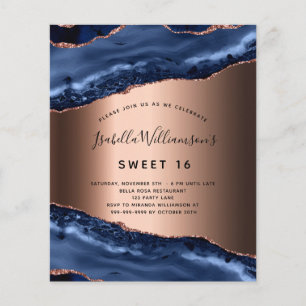 Budget Sweet 16 bleu agate rose or invitation