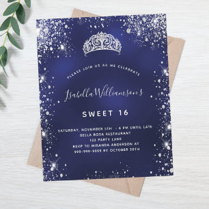 Budget Sweet 16 bleu argent tiara invitation