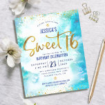 Budget Sweet 16 Blue Watercolor Invitation de scri<br><div class="desc">"Bonne Douce 16". Envoyez cette invitation étonnante, pétillante, girly, festive, moderne, personnalisée, budget personnalisé pour un événement à retenir. Un arrière - plan d'aquarelle bleu turquoise est superposé à un faux papier doré et à de minuscules points de parties scintillant de confettis ainsi qu'à un script de typographie. Personnalisez le...</div>