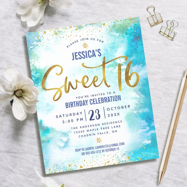 Budget Sweet 16 Blue Watercolor Invitation de scri (Créateur téléchargé)