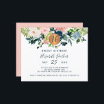 Budget Sweet 16 fête d'anniversaire fleurie Invita<br><div class="desc">Bouquets de fleurs pastel couleur crème, rose, ivoire et bleu marine avec feuillage vert sauge et un cercle de parties scintillant en cuivre en or métallique faux rond faisant un glam moderne horizontale Sweet sixteen jalon féminin / toute invitation anniversaire d'âge avec un script de typographie chic et entièrement modifiable....</div>