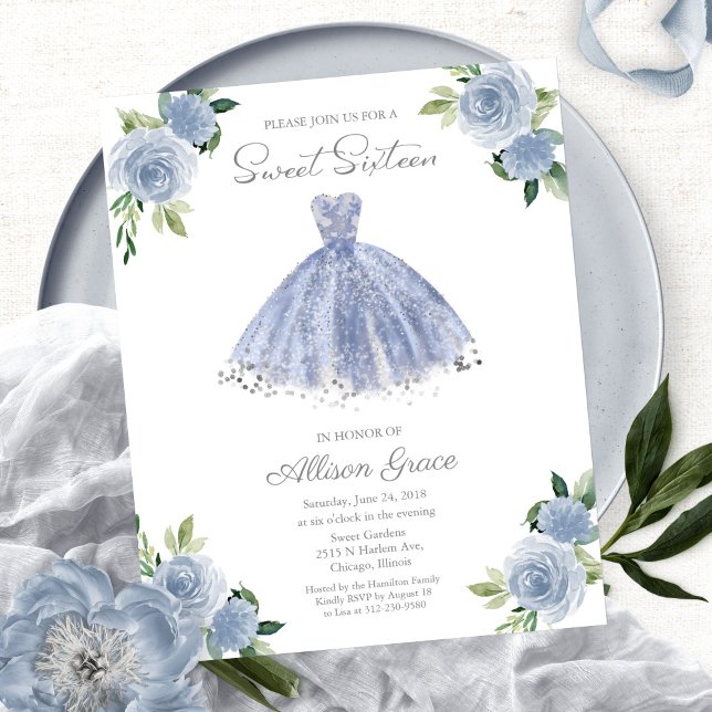 Budget Sweet 16 Invitation Argent Dusty Blue Gown (Créateur téléchargé)