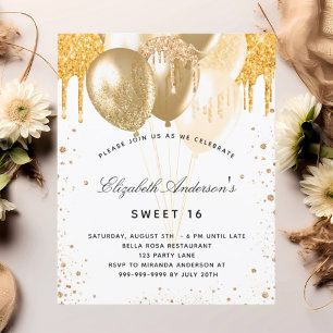 Budget Sweet 16 invitation ballons d'or blanc