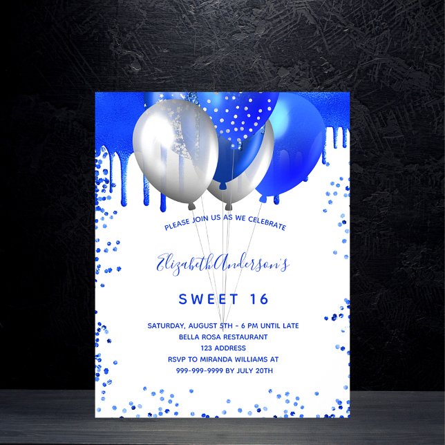 Budget Sweet 16 invitation bleu royal blanc (Créateur téléchargé)