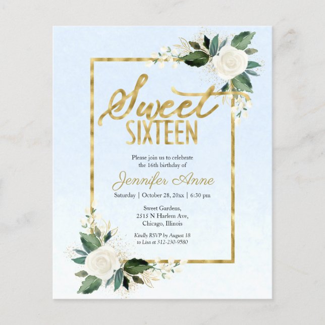 Budget Sweet 16 Invitation Floral Sur Dusty Blue (Devant)