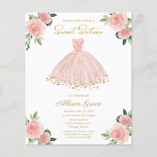 Budget Sweet 16 Invitation Gold Rose Blush Gown (Devant)