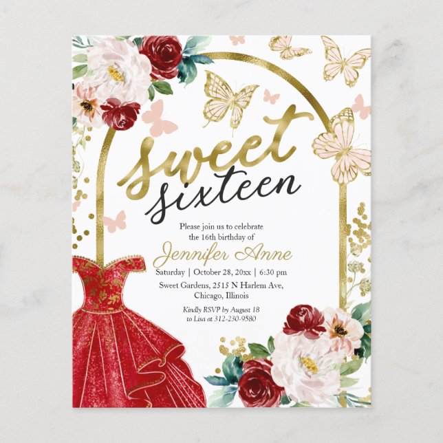 Budget Sweet 16 Invitation Robe Florale Papillon (Devant)