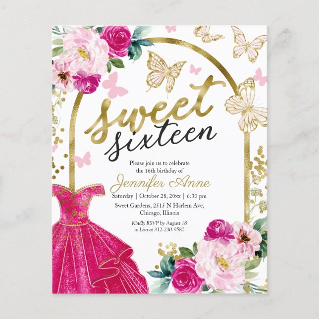 Budget Sweet 16 Invitation Robe Florale Papillon (Devant)