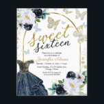 Budget Sweet 16 Invitation Robe Florale Papillon<br><div class="desc">Adorable, robe bleu marine, or floral, invitations à la fête d'anniversaire du sweet sixteen. Facile à personnaliser avec vos détails. Contactez-moi par conversation si vous avez des questions sur l'oeuvre ou avez besoin d'une personnalisation. Vérifiez la collection pour plus d'éléments. VEUILLEZ NOTER : Pour obtenir de l'aide sur les commandes,...</div>