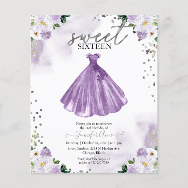 Budget Sweet 16 Invitation Robe Florale violet (Devant)