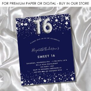Budget Sweet 16 marine bleu argent invitation
