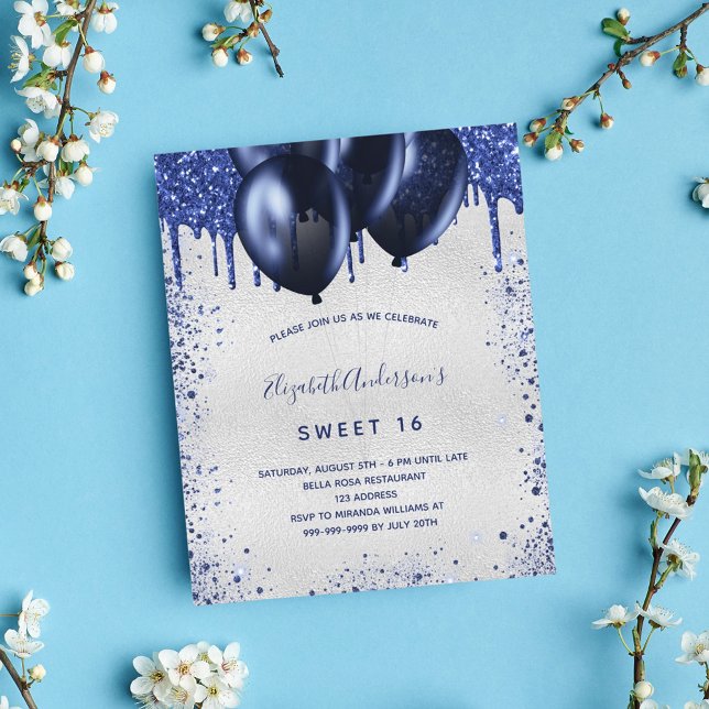 Budget Sweet 16 marine bleu argent invitation (Créateur téléchargé)