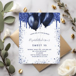 Budget Sweet 16 marine bleu blanc invitation<br><div class="desc">Une invitation à la fête d'anniversaire féminine et féminine. Devant : Un arrière - plan blanc. Décoré avec des gouttes de parties scintillant bleu marine, l'apparence de la peinture goutte à goutte et des ballons. Personnalisez et ajoutez un nom et des détails du parti. Le nom est écrit avec un...</div>