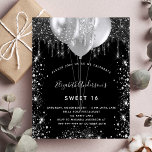 Budget Sweet 16 noir argent ballons invitation<br><div class="desc">Un arrière - plan noir élégant. Décoré de parties scintillant en faux argent et de ballons. Personnalisez et ajoutez un nom,  un âge et des détails de la fête. Le nom est écrit avec un script de style manuscrit</div>