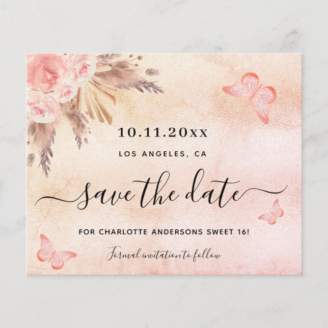 Budget Sweet 16 pampas blush enregistrer la date (Devant)
