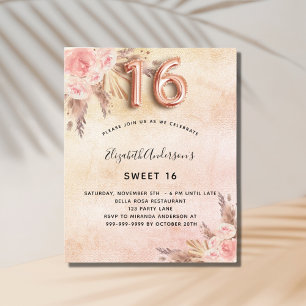 Budget Sweet 16 pampas herbe rose invitation or