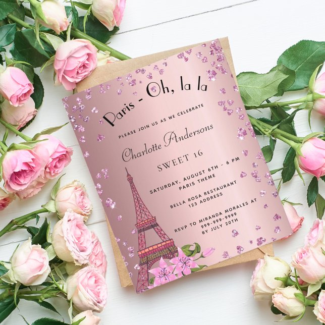 Budget Sweet 16 Paris blush rose Eiffel invitation (Créateur téléchargé)
