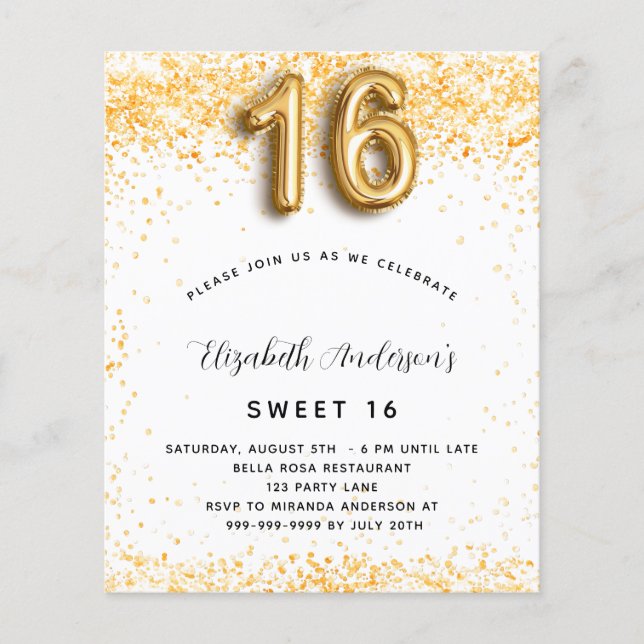 Budget Sweet 16 parties scintillant or blanc invit (Devant)