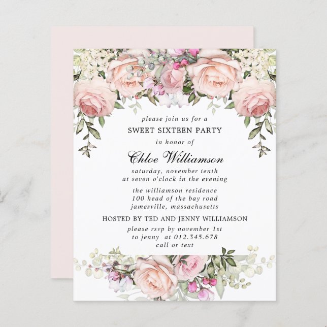 Budget Sweet 16 Party Blush rose Floral Invitation (Devant / Derrière)