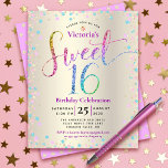 Budget Sweet 16 Rainbow Parties scintillant Gold I<br><div class="desc">"Bonne Douce 16". Envoyez cette invitation étonnante, pétillante, girly, festive, moderne, personnalisée, budget personnalisé pour un événement à retenir. La typographie de script de parties scintillant arc-en-ciel, ainsi que les fêtes turquoise, rose violet et confetti d'or, recouvre un arrière - plan métallique de feuille d'or de champagne. Un motif à...</div>