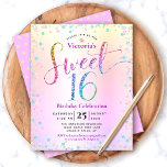 Budget Sweet 16 Rainbow Parties scintillant Ombre<br><div class="desc">"Bonne Douce 16". Envoyez cette invitation étonnante, pétillante, girly, festive, moderne, personnalisée, budget personnalisé pour un événement à retenir. La typographie de script de parties scintillant arc-en-ciel, ainsi que les fabuleux confettis turquoise, rose violet et or, recouvrent un arrière - plan métallique à l'ombre arc-en-ciel. Un motif à points de...</div>