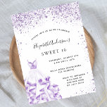 Budget Sweet 16 robe violet blanc invitation<br><div class="desc">Une invitation moderne, élégante et glamour pour une fête Sweet 16, 16e anniversaire. Sur le devant : Un arrière - plan blanc avec violet, lilas pétille, une robe violette. Le nom est écrit avec un script de style moderne écrit à la main. Personnalisez et ajoutez les détails de votre fête....</div>