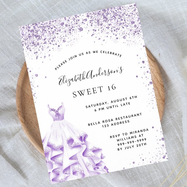 Budget Sweet 16 robe violet blanc invitation (Créateur téléchargé)