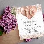 Budget Sweet 16 roses invitation ballons d'or<br><div class="desc">Pour un élégant Sweet 16, 16e anniversaire. Un arrière - plan blanc. Décoré d'or rose, de faux parties scintillant roses, de mousseux et de ballons. Personnalisez et ajoutez un nom, ainsi que les détails du parti. Le nom est écrit avec un script de style écrit à la main, numéro 16...</div>