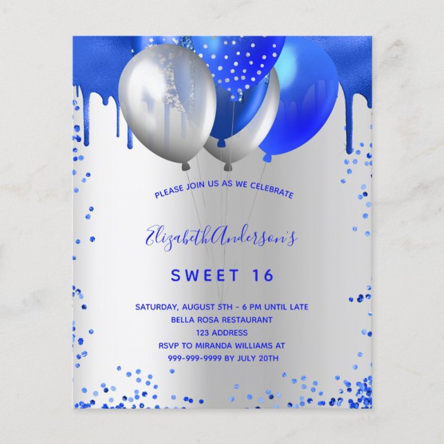 Budget Sweet 16 royal bleu argent invitation (Devant)
