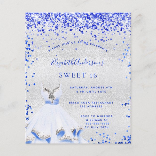 Budget Sweet 16 royal bleu argent invitation (Devant)