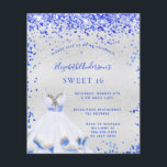 Budget Sweet 16 royal bleu argent invitation<br><div class="desc">Un arrière - plan faux argenté. Décoré de confettis bleu roi,  brille. Personnalisez et ajoutez un nom et des détails du parti. Le nom est écrit avec un script de style écrit à la main.</div>