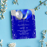Budget Sweet 16 royal bleu argent invitation<br><div class="desc">Un arrière - plan bleu royal. Décoré avec des gouttes de parties scintillant en faux argent,  la peinture goutte à goutte,  les étincelles et les ballons. Personnalisez et ajoutez un nom et des détails du parti. Le nom est écrit avec un script de style écrit à la main.</div>