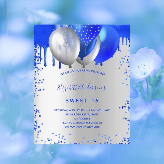Budget Sweet 16 royal bleu argent invitation (Créateur téléchargé)