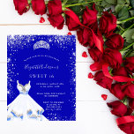 Budget Sweet 16 royal bleu argent robe invitation<br><div class="desc">Une invitation tendance et glamour pour une Soirée 16, 16e anniversaire Sweet. Un arrière - plan bleu royal avec de la poussière de parties scintillant en faux argent, une tiare et une robe. Le nom est écrit avec un script de style moderne écrit à la main. Personnalisez et ajoutez les...</div>