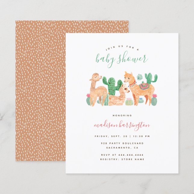 Budget Sweet Alpaca Llama Cactus Baby shower Boho (Devant / Derrière)