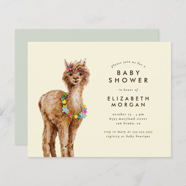 Budget Sweet Aquarelle Baby shower Alpaca (Devant / Derrière)
