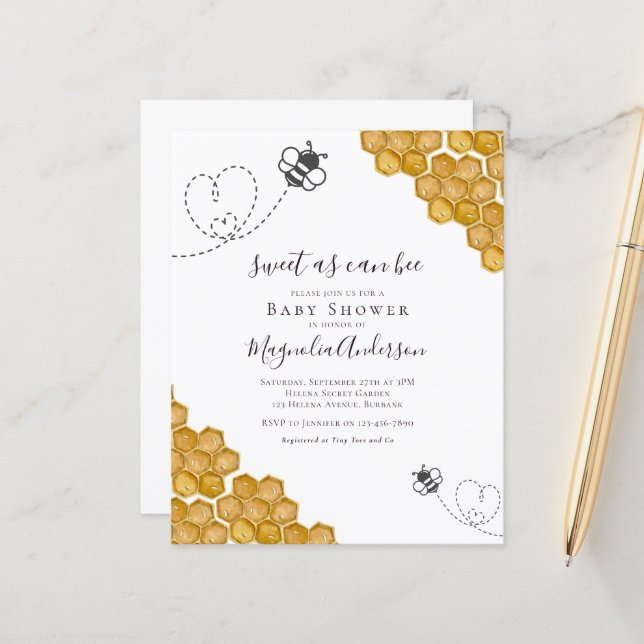 Budget Sweet as Can Bee Baby shower Invitation (Devant/Arrière en situation)
